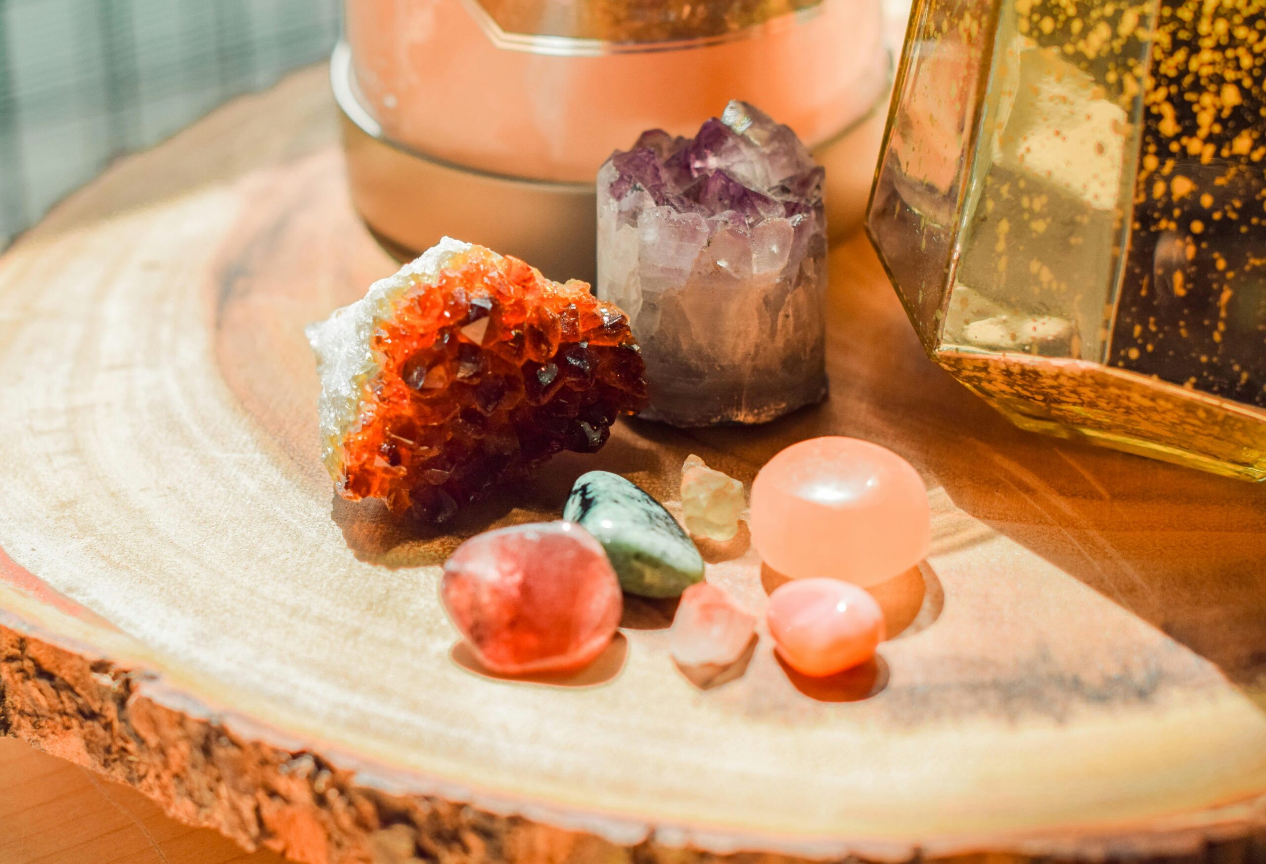 Crystals on a table